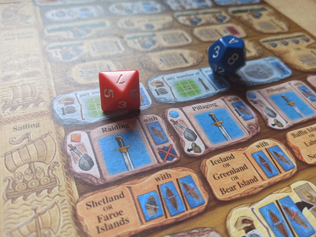 a board with 2 dice on it, one is 8 sided, one is 12 sided. On the board are pictograms depicting which dice to use for which action