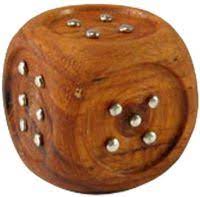 a brown wooden dice with grey metal pegs