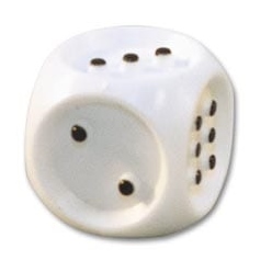 a white plastic dice with raised black dots