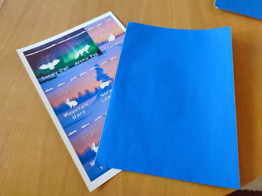 an A4 sheet with the 9 cards printed and embossed, as well as an A4 blue sticker sheet ready to be applied to the back