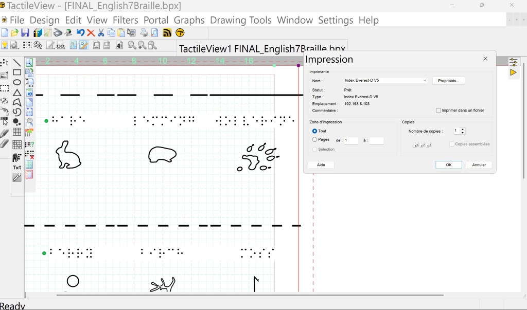 screenshot of TactileView, the program I use to convert drawings into raised dots images for embossing. The program can be fully operated using a speech synthesis